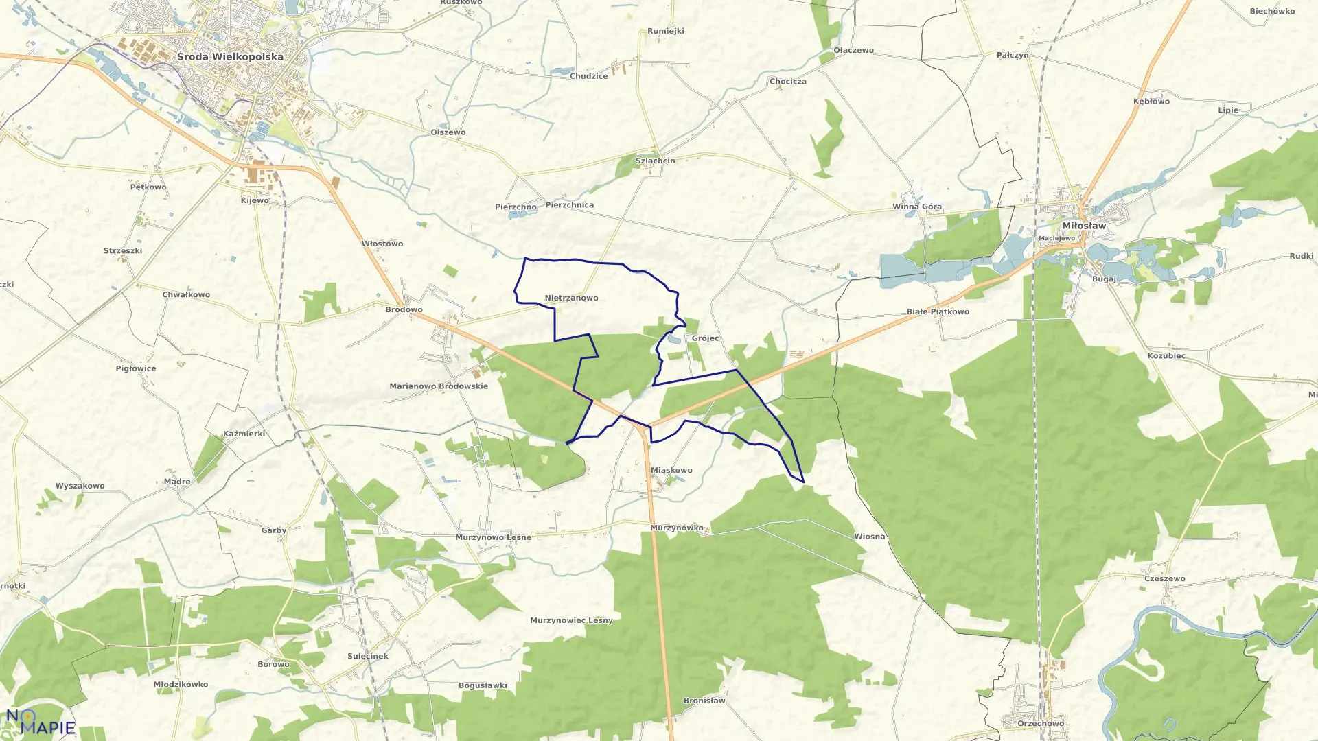 Mapa obrębu NIETRZANOWO w gminie Środa Wielkopolska