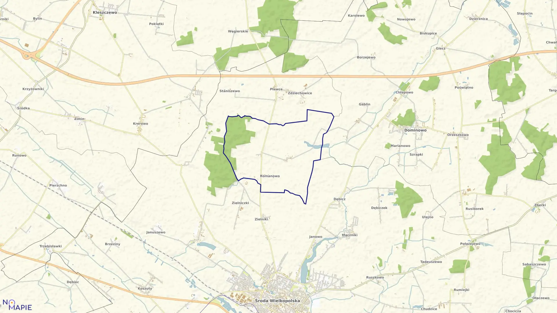 Mapa obrębu ROMANOWO w gminie Środa Wielkopolska